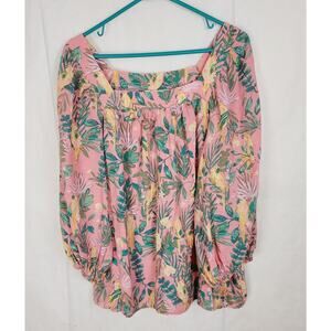 Lauren Conrad pink parrot bird tropical print square neck top size XXL Novelty